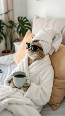 A relaxed cat wearing sunglasses and a towel on its head sits comfortably in a white robe, holding a cup of coffee in a cozy indoor setting. The pet is lounging on a bed. Luxury lazy morning