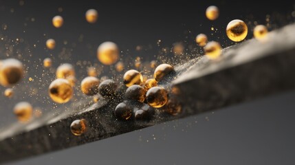 Golden magnetorheological fluid droplets coalesce and solidify, demonstrating a transition from liquid to solid state on a textured metal beam