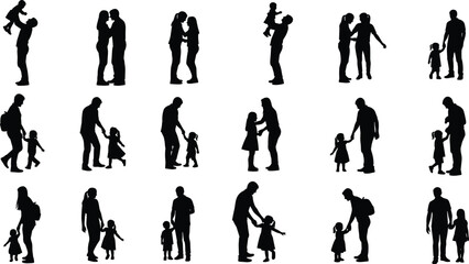 Parent-child interaction silhouette vector, family bonding artwork, walking and lifting poses, nurturing lifestyle scene, cad drawing flat vector illustration
