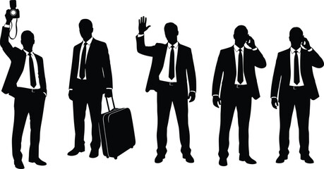 Cad drawing flat vector illustration, business professionals silhouettes holding camera, luggage, waving, phone, corporate communication, office attire, travel