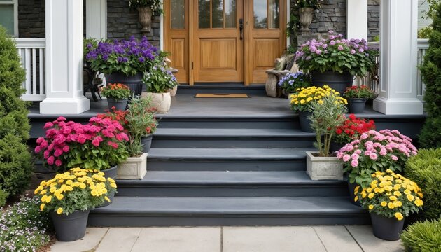 Vibrant porch with colorful potted flowers in shades of purple, pink, yellow, red adorning dark gray steps leading to wooden front door. Inviting entryway features elegant container gardening