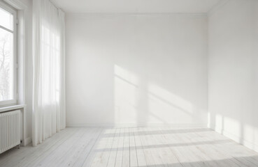 Fototapeta premium Clean white room interior with Scandinavian design. Empty space with light wood floors, sheer white curtains covering window. Sunlight casts diagonal shadows on wall, floor, creating serene