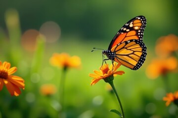 Fototapeta premium A monarch butterfly sips nectar from a colorful wildflower amidst a lush meadow, nature, wildflower