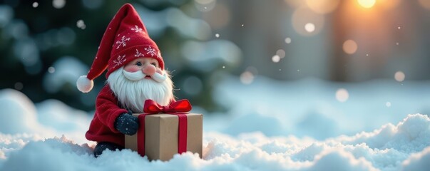 A tiny gnome with a wrapped present, snowy scene, fir, yuletide