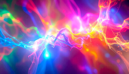 Flowing waves glowing light in vibrant colors against a gradient background, luminous streaks twist, swirl in motion. Ideal for abstract design, visual, and futuristic aesthetics