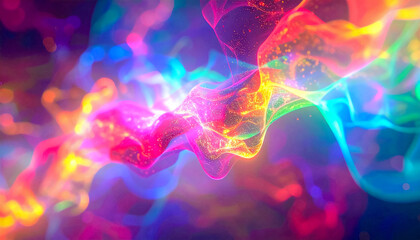 Flowing waves glowing light in vibrant colors against a gradient background, luminous streaks twist, swirl in motion. Ideal for abstract design, visual, and futuristic aesthetics