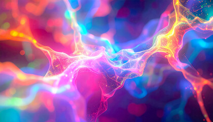 Flowing waves glowing light in vibrant colors against a gradient background, luminous streaks twist, swirl in motion. Ideal for abstract design, visual, and futuristic aesthetics