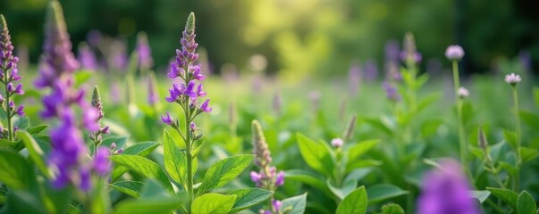 Broad bean plants with purple flowers in a garden , pea, vegetable