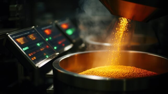 Metallic container processing golden seed kernels, applying luminescent plasma coating while digital displays encode real time drought data onto seed surface