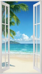 Illustration shows tropical beach scene through open window. Blue ocean, white sand, palm trees against clear sky. Vertical orientation, serene coastal escape, vacation paradise.