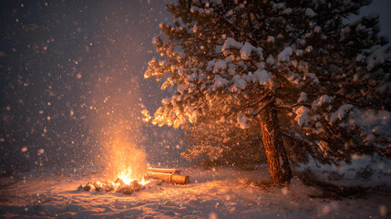 Beacon of Warmth: A Campfire's Resilience Under a Snowy Pine in a Storm