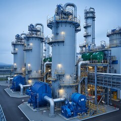 Industrial facility with numerous tall tanks and pipes.