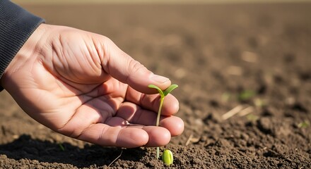 Hand holding a young sprout in the soil.