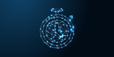 Low poly watch icon on dark blue gradient background. Abstract polygonal timepiece symbol for scheduling, time management, smart devices, and digital productivity tools.