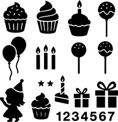 Collection of birthday party icons and symbols in silhouette including cupcakes balloons candles gifts numbers and a girl in a party hat