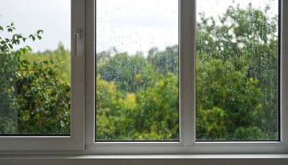 Rainy window view of a lush garden