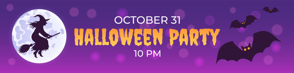 Halloween poster or placard. Vector horizontal illustration with witch, full moon and bats. Banner for website header.