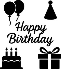 A festive collection of black silhouette icons including balloons a birthday cake with candles a party hat and a gift box perfect for celebrations