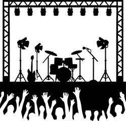 Silhouette of a live music concert stage with a drum set guitar microphones and a cheering crowd of fans with raised hands