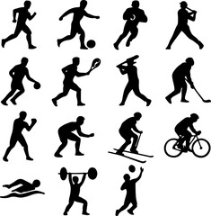 Collection of silhouettes depicting various sports and athletic activities in dynamic poses showing movement and energy
