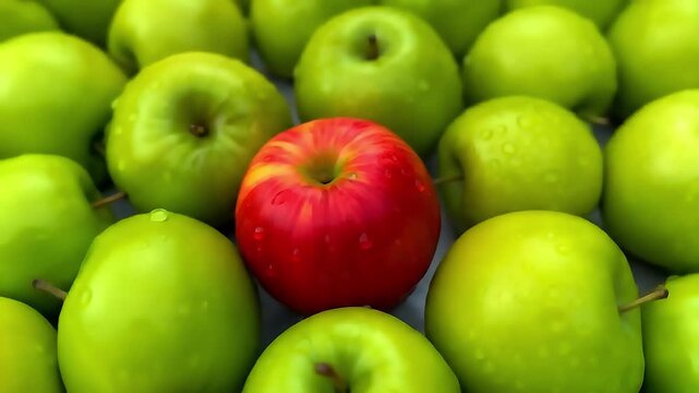 a group of green apples and one red apple stands out in the center of the group