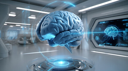 A brain hologram in a futuristic laboratory