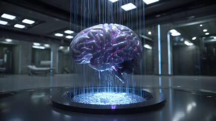 Glowing brain suspended in a futuristic lab