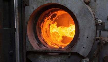 Molten steel refining process in basic oxygen furnace with intense heat, bright orange flames. Industrial technology for metal production, manufacturing. High temperature thermal energy combustion