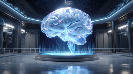 Holographic brain display in futuristic room