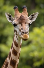 Obraz premium Giraffe head portrait, closeup of unique patterned fur. This tall mammal face shows gentle eyes and long neck. Wild animal in natural savanna habitat, perfect for travel or wildlife themes.
