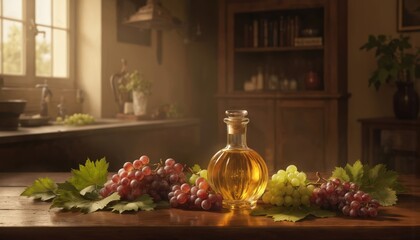 Glass bottle filled with holy anointing oil, surrounded by fresh red, green grapes on rustic wooden table. Scene evokes sense of religious purity, faith, tradition, perfect for spiritual culinary