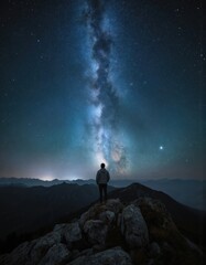 Man on mountain peak gazes at bright starry sky and Milky Way. Silhouette figure reflects awe, wonder, adventure. Vast cosmos, universe landscape inspires astronomy, science, nature exploration.