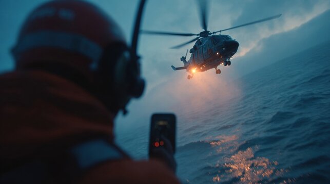 A visual of a rescue operation in progress featuring a helicopter hovering above the ocean while a crew member holds up an activated EPIRB sending a distress signal with visible waves