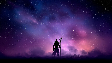 Powerful warrior character holding long spear stands boldly against deep purple and blue nebula clouds creating epic science fiction fantasy scene with dramatic lighting effects