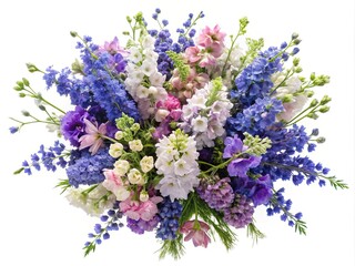 A beautiful bouquet featuring delphiniums, stock and lisianthus with a white background
