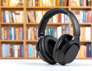 Black headphones in library setting