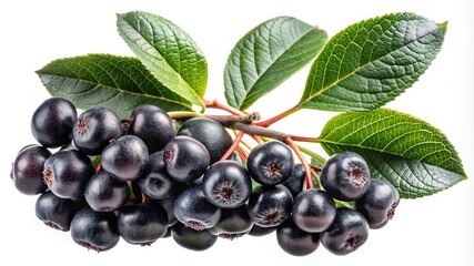 Aronia berries, also known as chokeberries, with leaves, isolated on white background