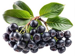 Close up of ripe Aronia berries with green leaves on a white background