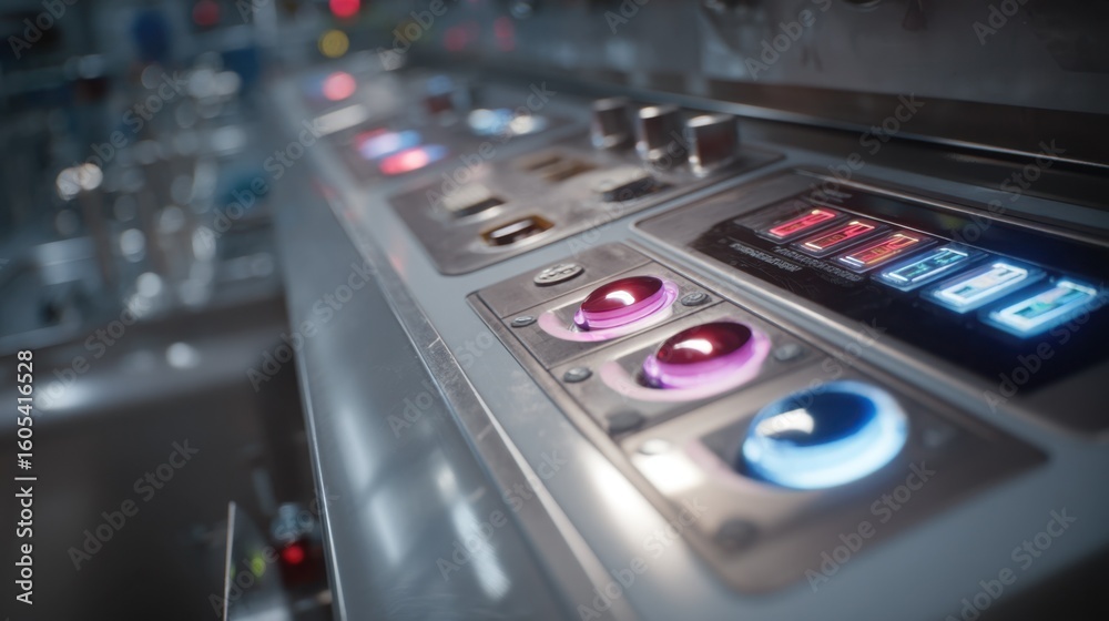 Poster close up of a scientist's hand manipulating illuminated buttons and dials on an advanced control pan