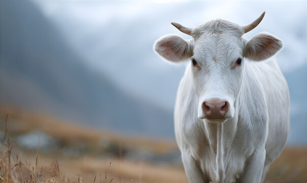 Three brown and white cows looking directly at the camera on a grassy mountain pasture at sunset. Diary products and farming concept.