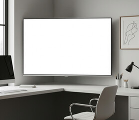 Tv Screen In A Slim Corner Office With Minimalist Desk And Chair