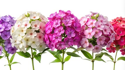 Closeup of Phlox Paniculata Flowers in a Variety of Colors on White