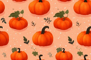 Orange pumpkin seamless pattern. Autumn season vegetable illustration. Food wallpaper with harvest theme for Thanksgiving Day.