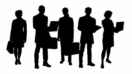Silhouette illustration of five business people with laptops and briefcases on a white background