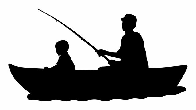 Silhouette of a man and child fishing in a boat with a fishing rod on the water in black and white view - Powered by Adobe
