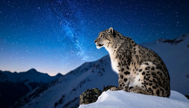 Snow Leopard in starry night mountains