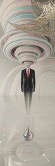 Businessman standing beneath swirling vortex with water droplet