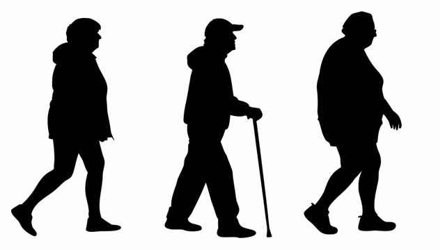 Silhouettes of three elderly people walking with one using a cane on a white background in a simple style