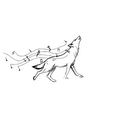 Obraz premium Illustration of a howling wolf with musical notes flowing from its mouth in black and white sketch style
