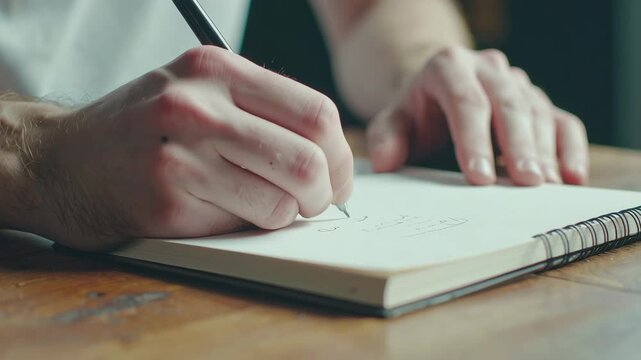 Artist's Hands Sketching Ideas in Notebook on Wooden Table - Creative Process